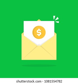 income flow in cartoon open letter. concept of mail with document and paper or online remittance or dispatch. flat simple trend modern logotype graphic art design isolated on white background