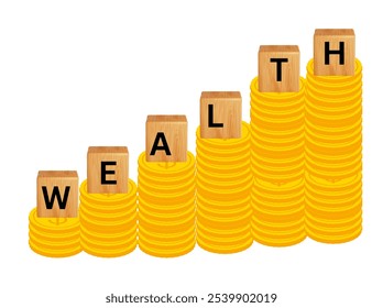 concepto de fondo de ingresos. monedas de oro presentadas en un gráfico. Ahorro de dinero para el futuro y concepto de jubilación. poder creciente de interés compuesto. inversión en acciones de riqueza. Riqueza en texto de madera.