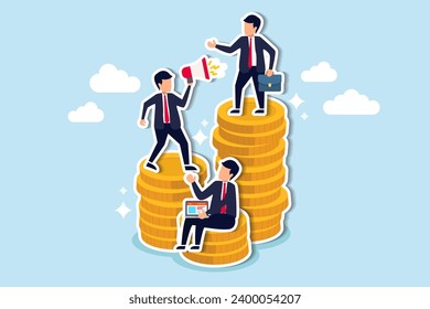 Income gap, inequality revenue in capitalism or career development to earn more income, middle income trap concept, businessman poor, middle and rich worker standing on stack of their wealth coins.