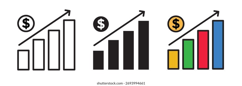 Income graph icon set in flat vector illustration, created in outline, filled, and color style. Ideal for finance, business growth, analytics, and investment design concepts.
