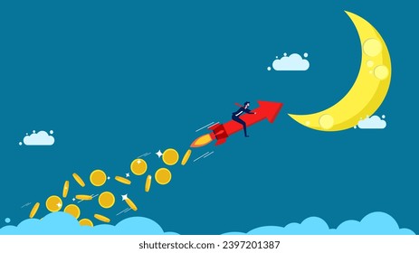 Income grows. Businessman controls arrows to scatter money in the sky. Vector 