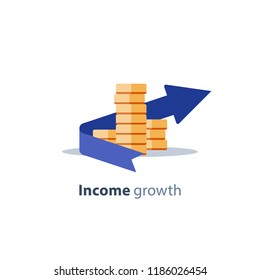 Income growth arrow, dividends concept, financial management, return on investment, budget planning, mutual fund, pension savings account, interest rate, fund raising, coins stack vector flat icon