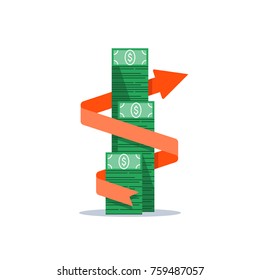 Income Growth Arrow, Financial Management, Return On Investment, Budget Expenses, Mutual Fund, Bank Savings Account, Interest Rate, Fund Raising, Money Bills Stack, Dollar Bundle Vector Flat Icon