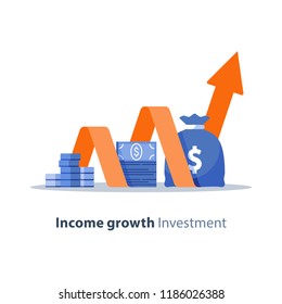 Income Growth Chart, Banking Services, Financial Report Graph, Return On Investment, Budget Planning, Mutual Fund, Pension Savings Account, Interest Rate, Vector Flat Icon