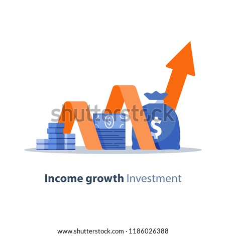 Income growth chart, banking services, financial report graph, return on investment, budget planning, mutual fund, pension savings account, interest rate, vector flat icon