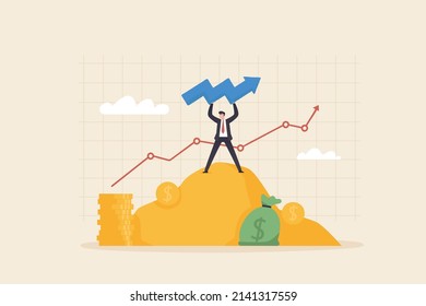 Income Growth Concept. Cash Piles With Businessman On Top Gold Or Money  Moutain. Reaching Financial Goals And Successfully Managing Return On Investment. Commerce Earning Stats.