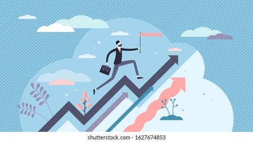 Income Growth Concept, Flat Tiny Person Vector Illustration. Upward Arrow Symbol, Creative Running Businessman Progress Scene. Reaching Financial Goals And Successful Managing Return On Investment.