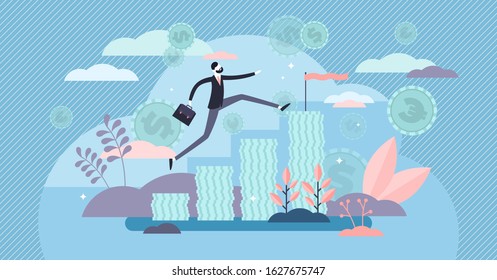 Income Growth Concept, Flat Tiny Person Vector Illustration. Cash Piles With Upward Running Businessman. Reaching Financial Goals And Successfully Managing Return On Investment. Commerce Earning Stats