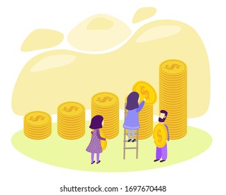 Income Growth Concept, Flat Tiny Person Vector Illustration. Cash Piles With Upward Running Businessman. Reaching Financial Goals And Successfully Managing Return On Investment. Commerce Earning Stats