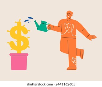 Concepto de crecimiento del ingreso. Hombre regando el crecimiento de la planta del dinero del dólar. Colorida ilustración vectorial 
