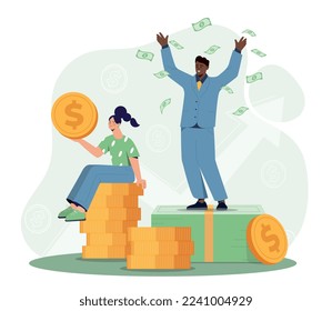Income growth concept. Man and woman with banknotes and gold coins. Young guy and girl, financial literacy. Successful entrepreneur and businessman metaphor. Cartoon flat vector illustration