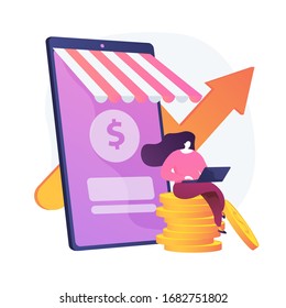 Income growth. Freelancer sitting on coins and working with laptop cartoon character. Money earning, virtual sales, marketing strategy. Vector isolated concept metaphor illustration