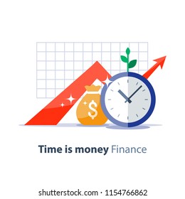 Income Growth Graph, Money Bag And Clock Face, Return On Investment Chart, Budget Planning, Time Is Money Concept, Arrow Up, Pension Fund Savings, Superannuation Illustration, Vector Flat Icon