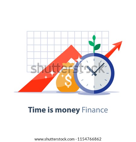 Income growth graph, money bag and clock face, return on investment chart, budget planning, time is money concept, arrow up, pension fund savings, superannuation illustration, vector flat icon