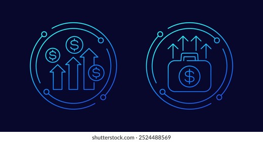 ícones de crescimento de renda, dinheiro, lucro crescente e carteira, design linear