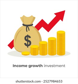 Crescimento de renda e conceito de investimento - Sucesso financeiro Ilustração plana com bolsa de dinheiro, moedas e seta para cima vermelha, conceito de impulso orçamental, fundo mútuo, lucro orçamental, alto retorno sobre o investimento