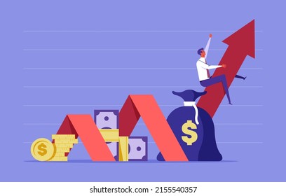 Income growth investment, financial growth rising up to success, successful businessman riding on rising up growth arrow