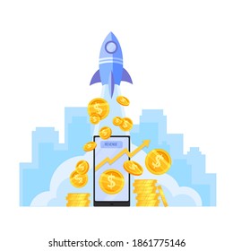 Income growth or money revenue increase vector illustration with launching rocket, dollar coins stack, smartphone. Return on investment or business profit finance concept.Income growth economic design