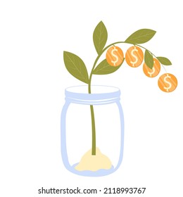 Income growth. Personal savings. The concept of bank deposits. Money tree. Dollars. Coins. Finance vector illustration. Isolated on a white background.