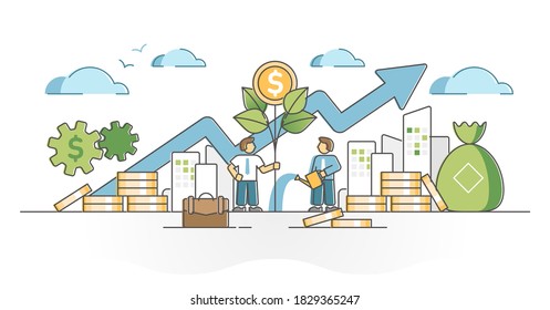 Income growth with profit and cash money savings investment outline concept. Successful earnings development as plant grow and watering scene vector illustration. Financial and economical progress.