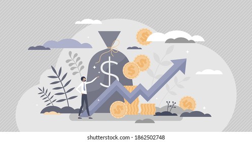 Income growth and profit earnings as financial progress tiny person concept. Symbolic upward arrow as salary, deposit or account money rise and wealth gain vector illustration. Successful businessman.