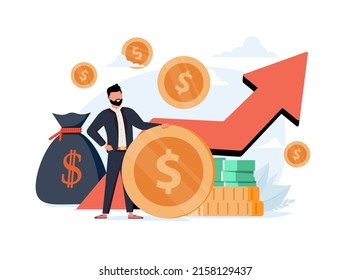 Income growth and profit earnings as financial progress tiny person concept. Symbolic upward arrow as salary, deposit or account money rise and wealth gain vector illustration. Successful businessman.