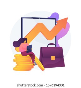 Income growth, profitable business, successful commerce. Workflow, earnings fluctuation, revenue graph curve arrow. Business owner cartoon character. Vector isolated concept metaphor illustration.