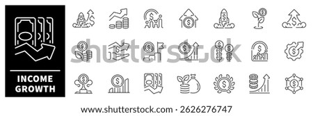 Income growth vector icons set. Financial profit icons in line style. Money income vector icons. Money savings, finance, growth, investment, payment, earnings, income icons