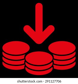 Income icon from Commerce Set. Vector style: flat symbol, red color, rounded angles, black background.