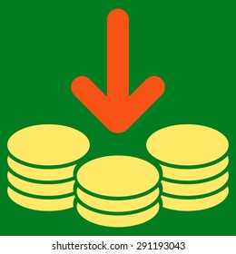 Income icon from Commerce Set. Vector style: bicolor flat symbol, orange and yellow colors, rounded angles, green background.