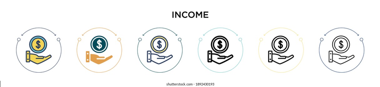 Income icon in filled, thin line, outline and stroke style. Vector illustration of two colored and black income vector icons designs can be used for mobile, ui, web