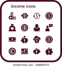 income icon set. 16 filled income icons. Included Coins, Piggy bank, Currency exchange, Coin, Budget, Salesman, Dollar, Funds, Money transfer icons
