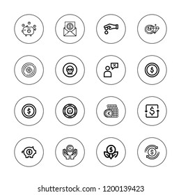 Income icon set. collection of 16 outline income icons with coin, coins, dollar coins, dollar, investment, piggy bank, savings, transfer icons.