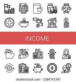 income icon set. Collection of Coins, Coin, Accounting, Piggy bank, Savings, Cash back, Money jar, Economy, Revenue, Assets, Dollar coins, Accountant icons