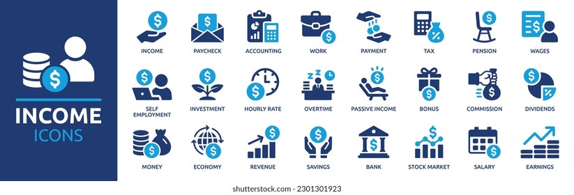 Income icon set. Containing money, tax, earnings, payment, accounting, paycheck, work, pension and wages icons. Solid icon collection. Vector illustration. - Shutterstock ID 2301301923