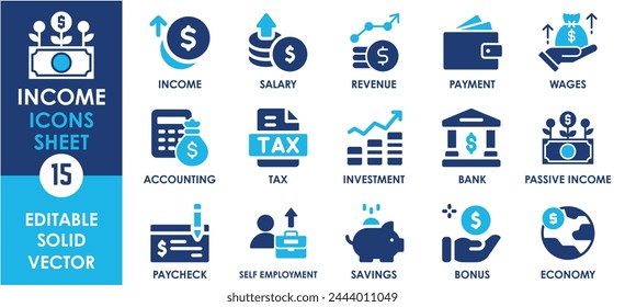 Income icon set. Containing money, tax, earnings, payment, accounting, paycheck and so on. Flat earning icons set.