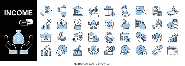 Juego de iconos de ingresos. Colección de iconos de esquema. Ilustración del vector	