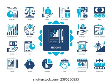 Income icon set. Payroll, Cash Flow, Savings, Economic Growth, Career, Dividends, Business, Investment. Duotone color solid icons