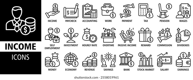 Income icon set vector concept illustration. Containing icon of money, tax, earnings, payment, accounting, paycheck, work, pension and wages icons. Outline icon symbol collection. 