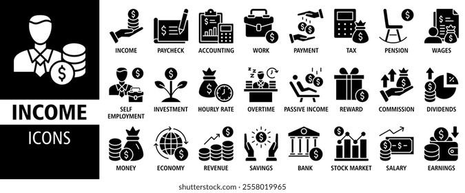 Income icon set vector concept illustration. Containing icon of money, tax, earnings, payment, accounting, paycheck, work, pension and wages icons. Solid black icon symbol collection. 