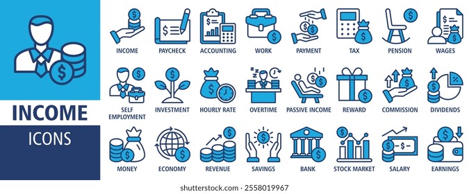 Income icon set vector concept illustration. Containing icon of money, tax, earnings, payment, accounting, paycheck, work, pension and wages icons. Outline blue icon symbol collection. 