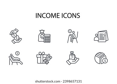 conjunto de iconos de ingresos.vector.Curso editable.Signo de estilo lineal para usar diseño web,logotipo.Ilustración de símbolo.