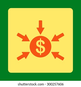 Income icon. This flat rounded square button uses orange and yellow colors and isolated on a green background.