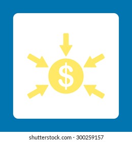 Income icon. This flat rounded square button uses yellow and white colors and isolated on a blue background.