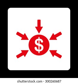 Income icon. This flat rounded square button uses red and white colors and isolated on a black background.