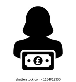 Income icon vector female user person profile avatar with Pound sign currency money symbol for banking and finance business in flat color glyph pictogram illustration