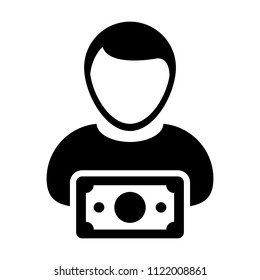 Income icon vector male user person profile avatar with money symbol in flat color glyph pictogram illustration