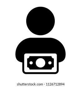 Income icon vector male user person profile avatar with money symbol in flat color glyph pictogram illustration
