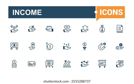 Income icons. Related to money, tax, payment, income, pension, market, economy and more. Minimal linear icons. Vector outline icons collection.
