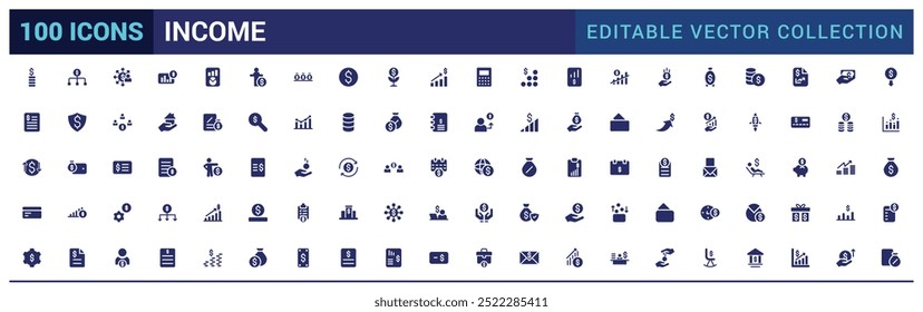 Ícones de receita definidos. Contendo dinheiro, impostos, ganhos, pagamento, conjunto de ícones sólidos. Glifo para web e ui. Conjunto de ícones preenchidos, ilustração de vetor.